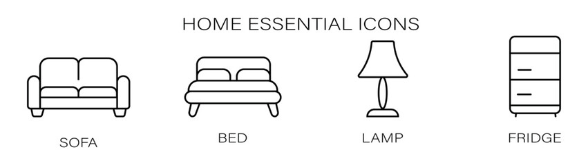 Home Essential Icon Set with Sofa, Bed, Lamp, and Fridge