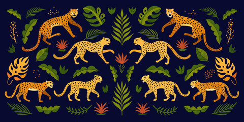 Stylized leopards amidst lush tropical foliage a symmetrical artistic pattern © Sudebi