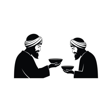 Two sikh men wearing turbans and traditional attire sharing bowls in a symbolic gesture of community and service