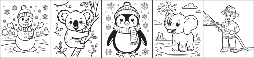 Coloring Page Panels Featuring Snowman, Koala, Penguin, Elephant, and Firefighter