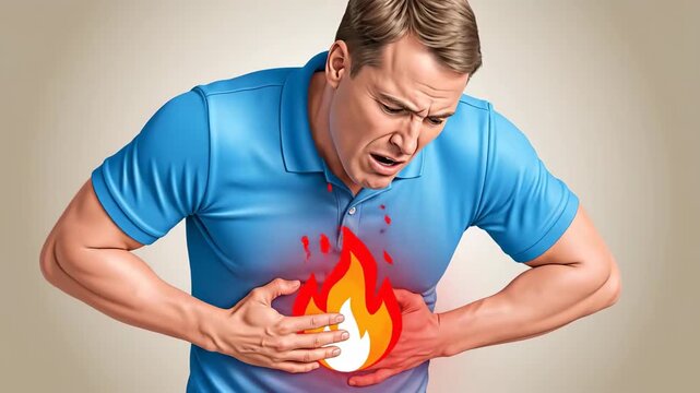Intense Man Experiencing Severe Heartburn and Burning Chest Pain Symptoms Visualized