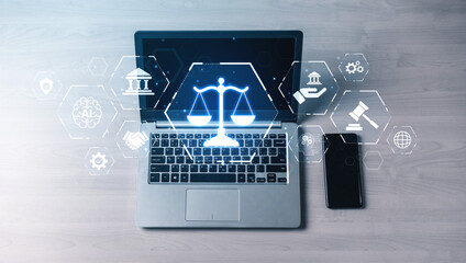 Futuristic digital law interface displaying justice scale, highlighting digital law, AI compliance,...