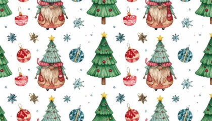 Whimsical watercolor Christmas pattern featuring gnomes, decorated trees, ornaments, snowflakes, and stars.