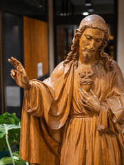 Beautiful Wood Carving of Jesus Christ without a cross but with thorns and the heart. High quality photo
