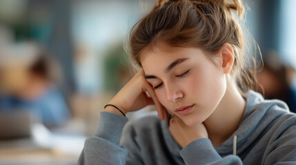 Faceless female student bored sleepy tired sad stressed girl in class, teen pupil in university high school college classroom during lesson, boredom lecture education study learning, defocused