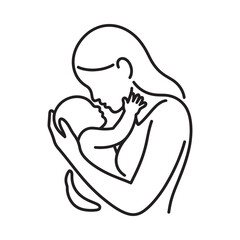 A mother lovingly cradling her newborn baby in a simple line drawing