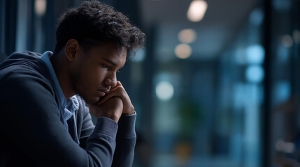 Faceless picture of upset unhappy young person suffering from depression and bullying in dark school corridor, educational , campus isolation, defocused individual, with copy space