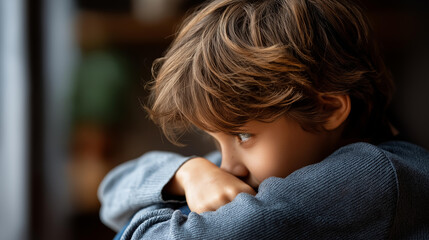 Faceless side view portrait of scared young child crying and hugging knees hiding in room, frightened youth, emotional distress, fear and sadness, defocused crying person, with copy space