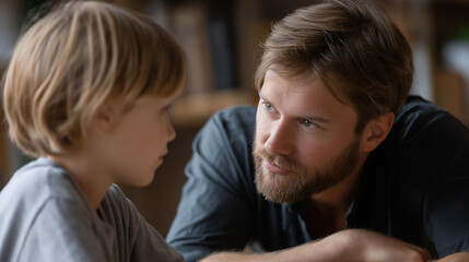 Faceless father and son in deep conversation, parent-child discussion, intergenerational communication, family emotional support, father-son bonding, defocused faces, with copy space