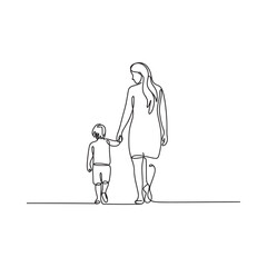 A simple line drawing depicts a mother and child walking together
