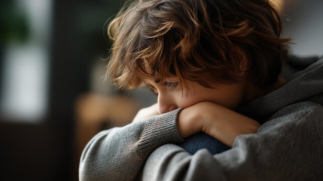Faceless side view portrait of scared young child crying and hugging knees hiding in room, frightened youth, emotional distress, fear and sadness, defocused crying person, with copy space