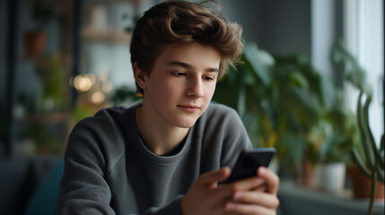 Faceless teen boy at home with cellphone or smartphone, youth using mobile technology indoors, adolescent digital device engagement, residential screen time, defocused person, with copy space