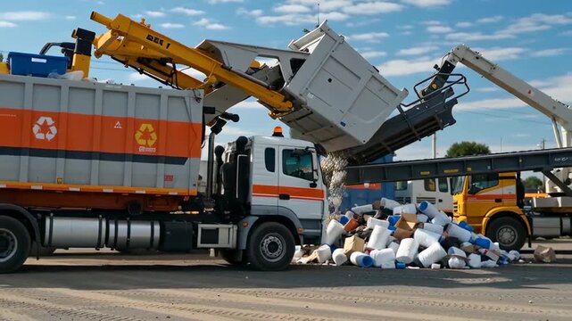 Waste recycling plant with trucks and machinery processing sorted plastic bottles and cardboard