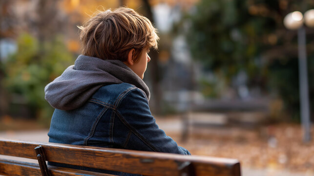 Faceless sad teenager sitting on bench in park alone looking away from camera, isolated youth outdoors, melancholic adolescent in public space, defocused person, with copy space