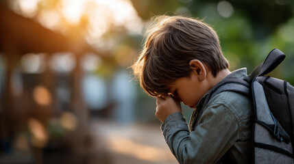 Faceless portrait of sad schoolboy with schoolbag standing in campus, melancholic student outdoors, depressed youth at school, educational environment distress, defocused student, with copy space