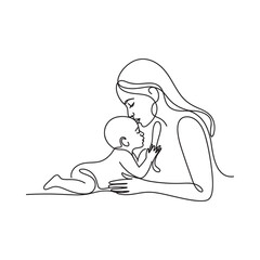 A minimalist line drawing depicting a mother lovingly embracing her baby