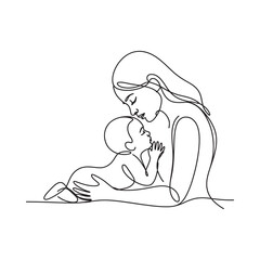 A gentle mother and baby in a continuous line art illustration