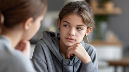 Faceless portrait of sad teenager indoors at home talking to older sister, family support conversation, sibling emotional help, youth mental health discussion, defocused faces, with copy space