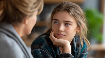 Faceless portrait of sad teenager indoors at home talking to older sister, family support conversation, sibling emotional help, youth mental health discussion, defocused faces, with copy space