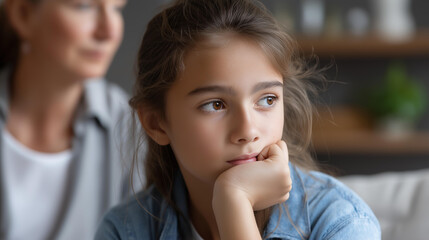 Faceless portrait of sad teenager indoors at home talking to older sister, family support conversation, sibling emotional help, youth mental health discussion, defocused faces, with copy space