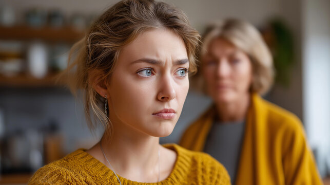 Faceless closeup upset girl in front and woman behind avoid to talk after quarrel at home, offended teen daughter and middle aged mum argument, two generation conflict concept, defocused faces,