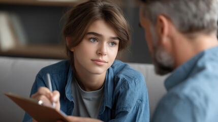 Faceless counseling and support professional taking notes about sad teenager girl closeup, mental health documentation, therapy session recording, psychological assessment, defocused faces, with