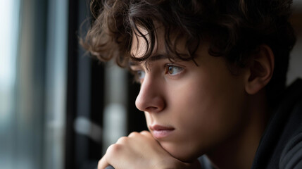 Faceless loneliness concept sad teenage boy near window indoors with space for text, isolated youth contemplating, melancholic adolescent at home, emotional solitude, defocused person, with copy