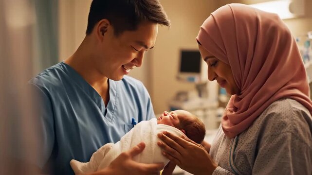 Joyful Hospital Birth Reunion of Newborn Baby with Loving Parents and Medical Team in Warm