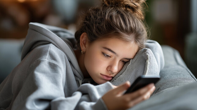 Faceless unhappy teenage girl lying on sofa with mobile phone being bullied online at home, cyberbullying victim, digital , social media distress, defocused youth, with copy space