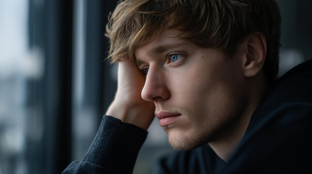 Faceless loneliness concept sad teenage boy near window indoors with space for text, isolated youth contemplating, melancholic adolescent at home, emotional solitude, defocused person, with copy - Powered by Adobe