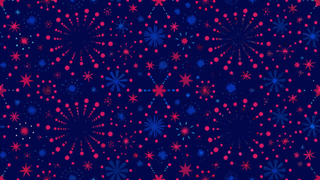 Abstract starburst and dot pattern in red and blue on dark navy background
