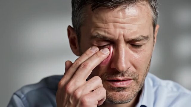 Human Man Suffering From Eye Pain Facial Expression in Emotional Distress Tears
