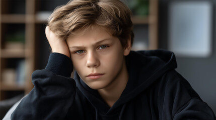 Fototapeta premium Faceless young teenage boy serious sad face, troubled teen teenager portrait, melancholic youth expression, emotional distress visualization, depressed adolescent, defocused young person, with