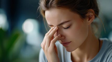 Faceless young woman with headache pain, stress-related discomfort, mental health physical symptoms, tension headache suffering, emotional distress manifestation, defocused person, with copy