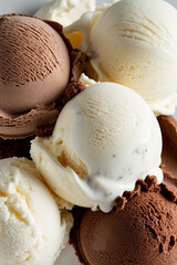 Chocolate ice cream scoops and vanilla ice cream scoops. Top view