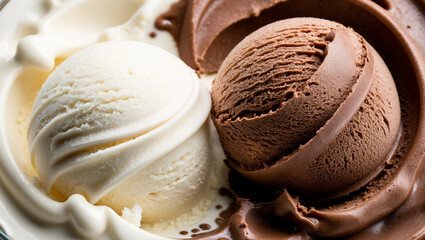 Chocolate ice cream and vanilla ice cream in macro. Applicable for banner, posters, cover, brochure or presentation 