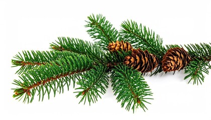 Close up of a natural green pine branch with brown pinecones on a white background.