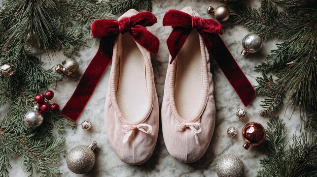 Overhead View Of Pale Pink Ballet Slippers With Red Velvet Ribbons Among Christmas Decor And Evergreen Branches For Holiday Ballet Themed Stock Photo