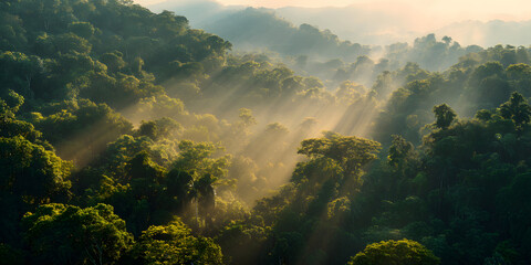 Sunlit amazon rainforest canopy lush tropical nature minimalist