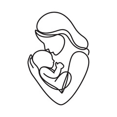 A minimalist line drawing depicting a mother tenderly cradling her baby