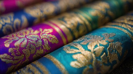 Fototapeta premium Decorative fabric rolls with intricate floral patterns in vibrant colors, perfect for textile design and fashion projects