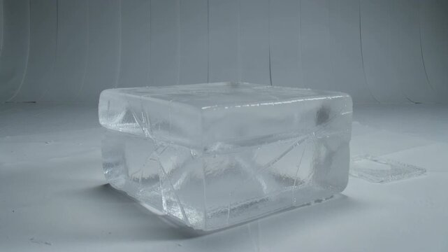 Close-up view of a transparent ice cube with intricate patterns on a smooth white surface in a controlled studio setting, showcasing detailed textures and reflections under soft lighting conditions