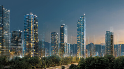 Fototapeta premium City Skyline at Dusk: A stunning cityscape, showcasing modern architecture against the backdrop of a twilight sky. Capture the urban elegance and serene beauty.