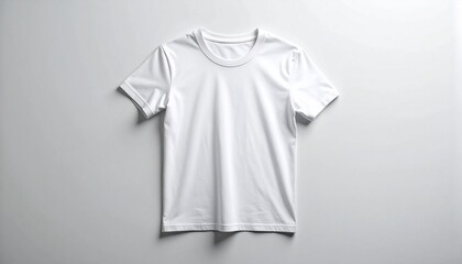 Plain white crew-neck t-shirt laid flat on light gray background, ideal for apparel mockups.