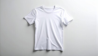 Plain white crew-neck t-shirt laid flat on light gray background, ideal for apparel mockups.