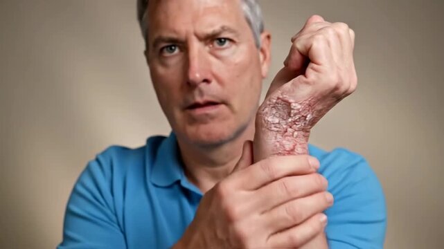 Man Examines and Demonstrates Severe Skin Condition on Forearm for Medical Awareness