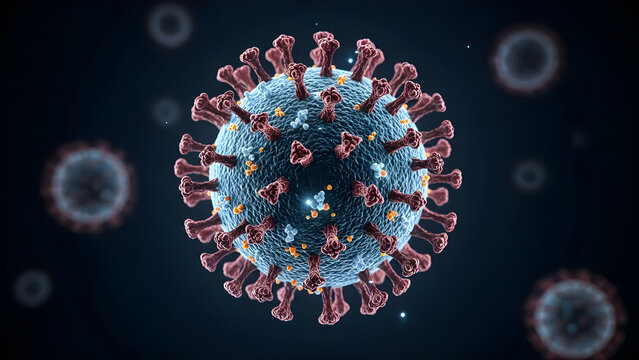 Detailed three dimensional rendering of a coronavirus particle floating in a dark microscopic environment h3n2 virus - Powered by Adobe