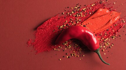 Bright Red Chili Pepper on Vibrant Red Background with Spicy Sauce and Seasoning for Culinary or Food Concepts