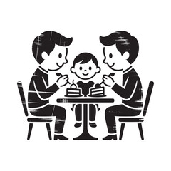 Family enjoying a meal together at a table simple black and white illustration