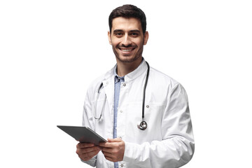Portrait of a smiling male doctor or medical professional using a digital tablet for patient data